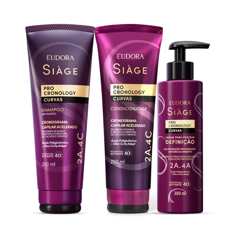 Combo Siàge Pro Cronology Curvas Eudora: Shampoo 250ml + Condicionador 250ml + Creme para Pentear Definição 300ml