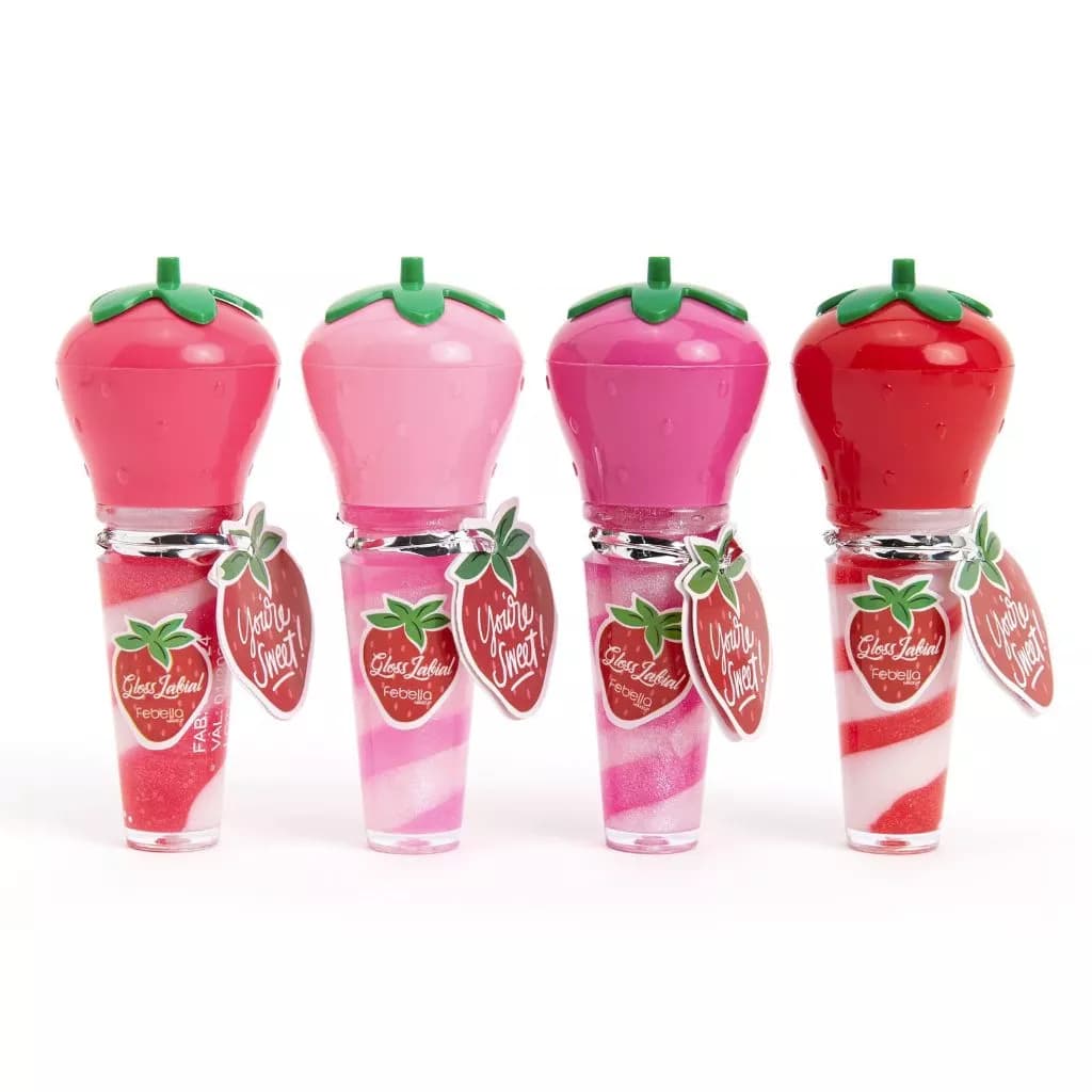 Gloss Labial com Brilho Morango Batom com Glitte 7ml Febella