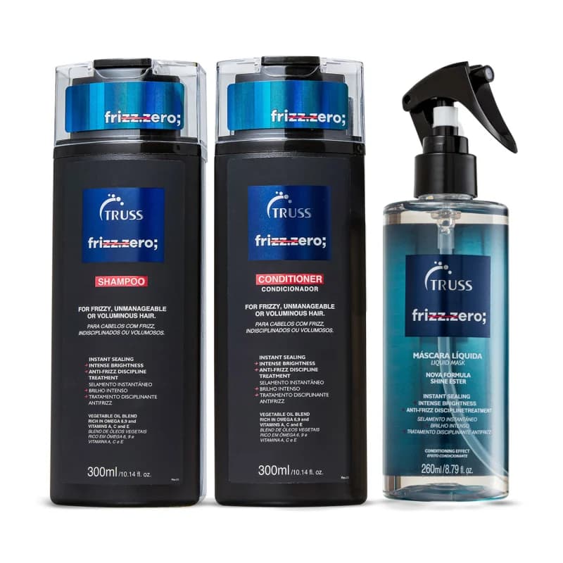 Combo Frizz Zero TRUSS: Shampoo Frizz Zero 300ml + Condicionador 300ml + Máscara Líquida Frizz Zero 260ml
